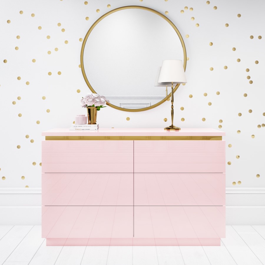 Pink High Gloss Wide Chest of Drawers with a Gold Trim - Isabella