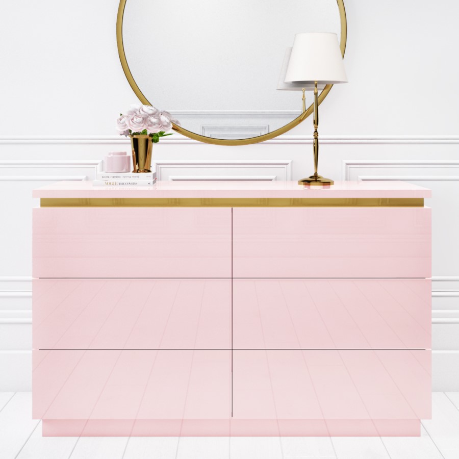 Pink High Gloss Wide Chest of Drawers with a Gold Trim - Isabella
