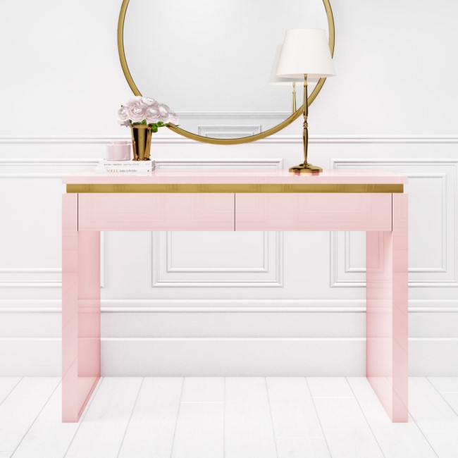Pink High Gloss Dressing Table with 2 Drawers and Metallic Trim - Isabella