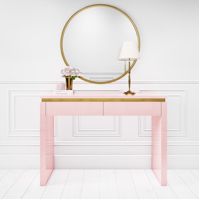 Pink High Gloss Dressing Table with 2 Drawers and Metallic Trim - Isabella