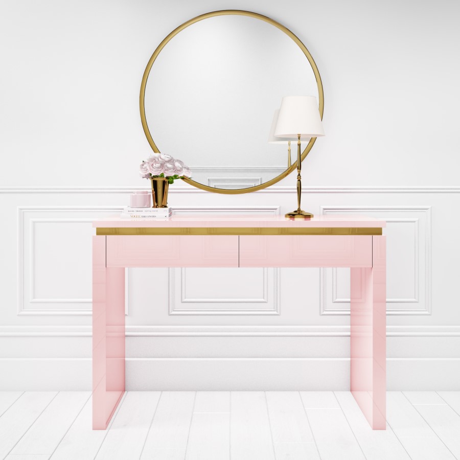 Pink High Gloss Dressing Table with 2 Drawers and Metallic Trim - Isabella