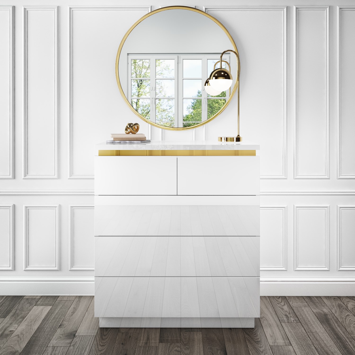 Isabella White Gloss 5 Drawer Chest Of Drawers With Gold Trim Furniture123 White And Gold Chest Of Drawers