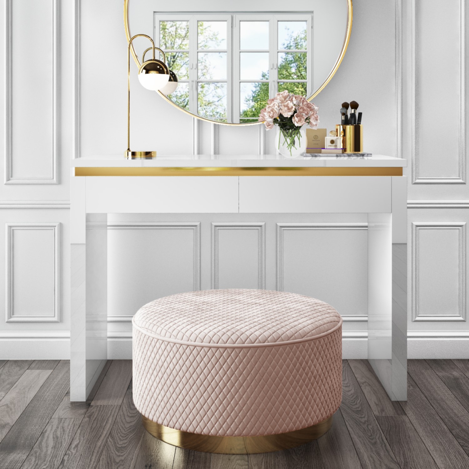 Photo of White high gloss dressing table with 2 drawers and metallic trim - isabella