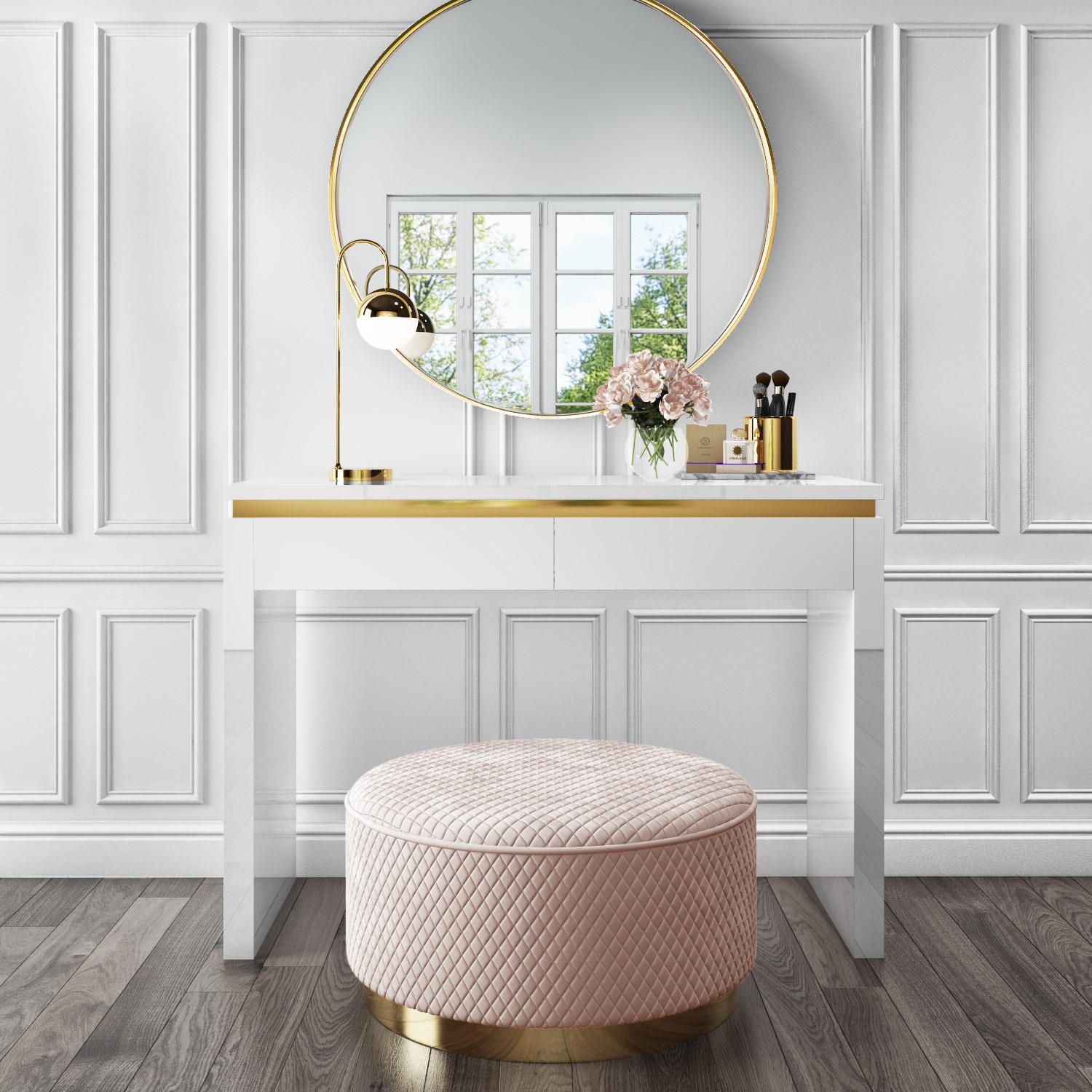 White High Gloss Dressing Table with 2 Drawers and Metallic Trim - Isabella - Furniture123 White High Gloss Dressing Table with 2 Drawers and Metallic Trim - Isabella - Furniture123
