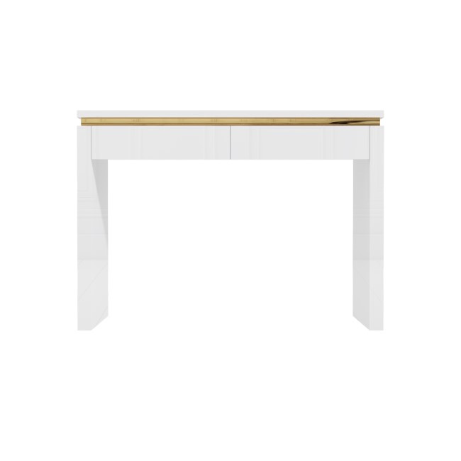 White High Gloss Dressing Table with 2 Drawers and Metallic Trim - Isabella