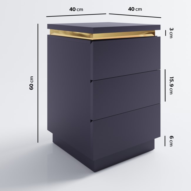 ONLY OPENED - Navy Bedside Table with 3 Drawers and a Gold Trim - Isabella