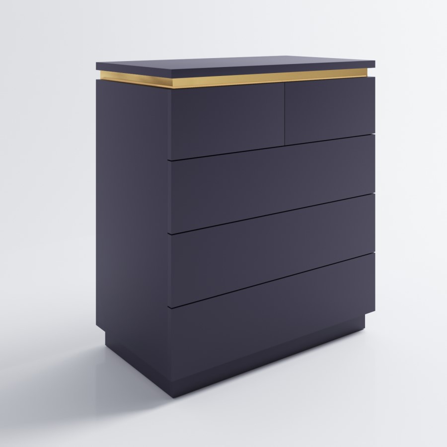 ONLY OPENED - Navy Tall Chest of 5 Drawers with a Gold Trim - Isabella