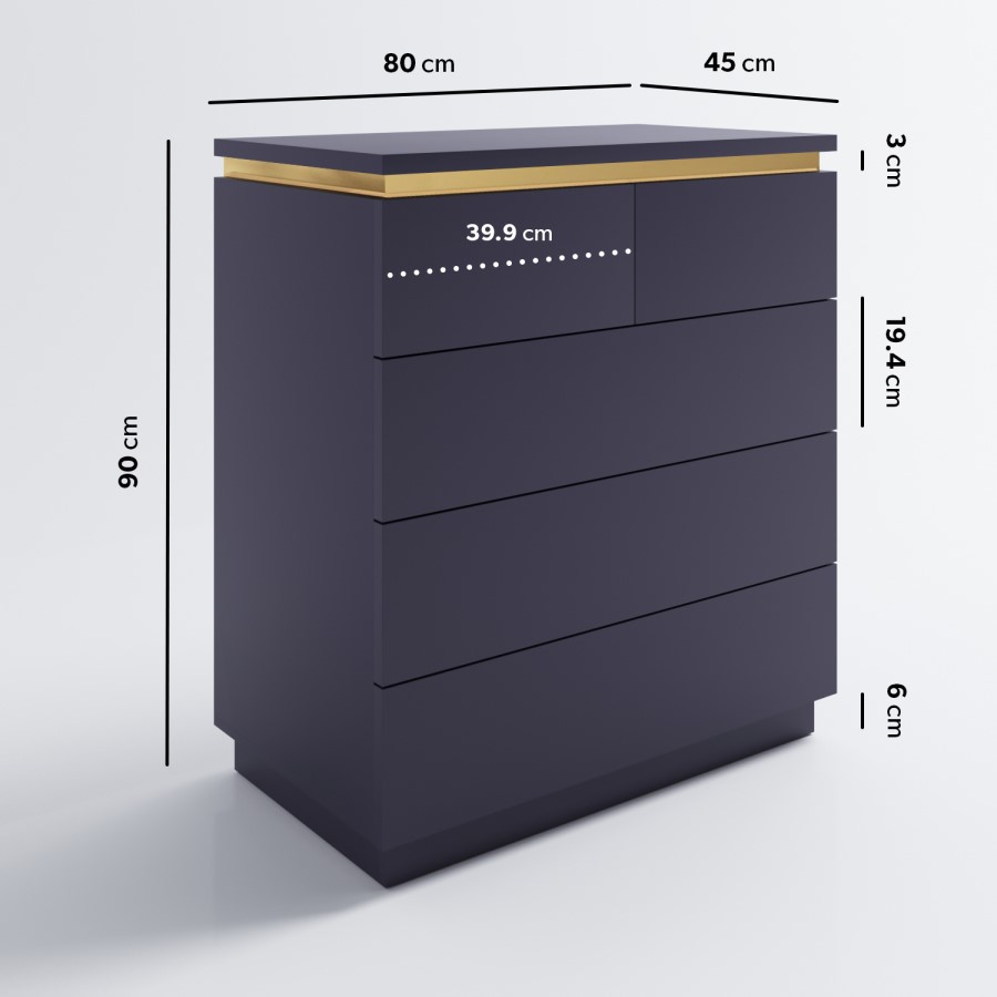 ONLY OPENED - Navy Tall Chest of 5 Drawers with a Gold Trim - Isabella