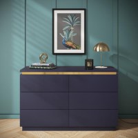 Wide Navy Blue Chest of 6 Drawers with Metallic Trim - Isabella Wide Navy Blue Chest of 6 Drawers with Metallic Trim - Isabella