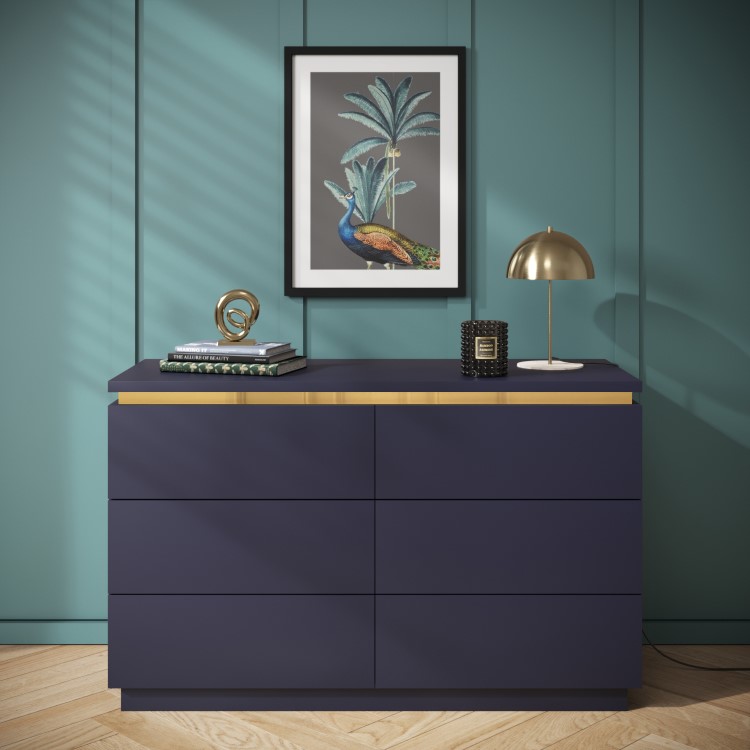 GRADE A1 - Navy Wide Chest of 6 Drawers with a Gold Trim - Isabella