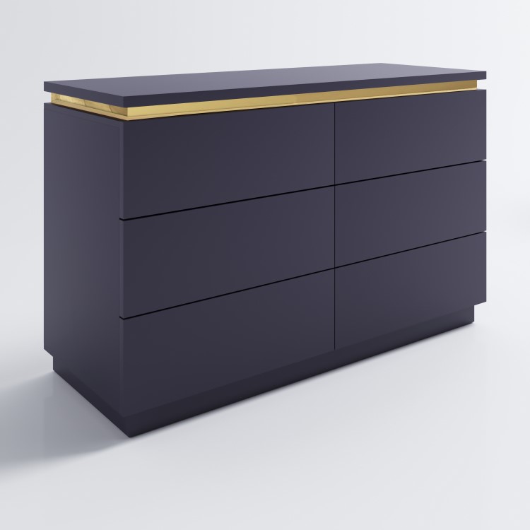 GRADE A1 - Navy Wide Chest of 6 Drawers with a Gold Trim - Isabella