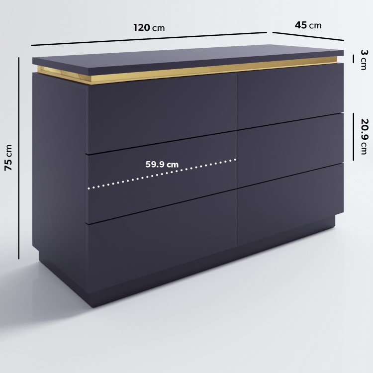 GRADE A1 - Navy Wide Chest of 6 Drawers with a Gold Trim - Isabella