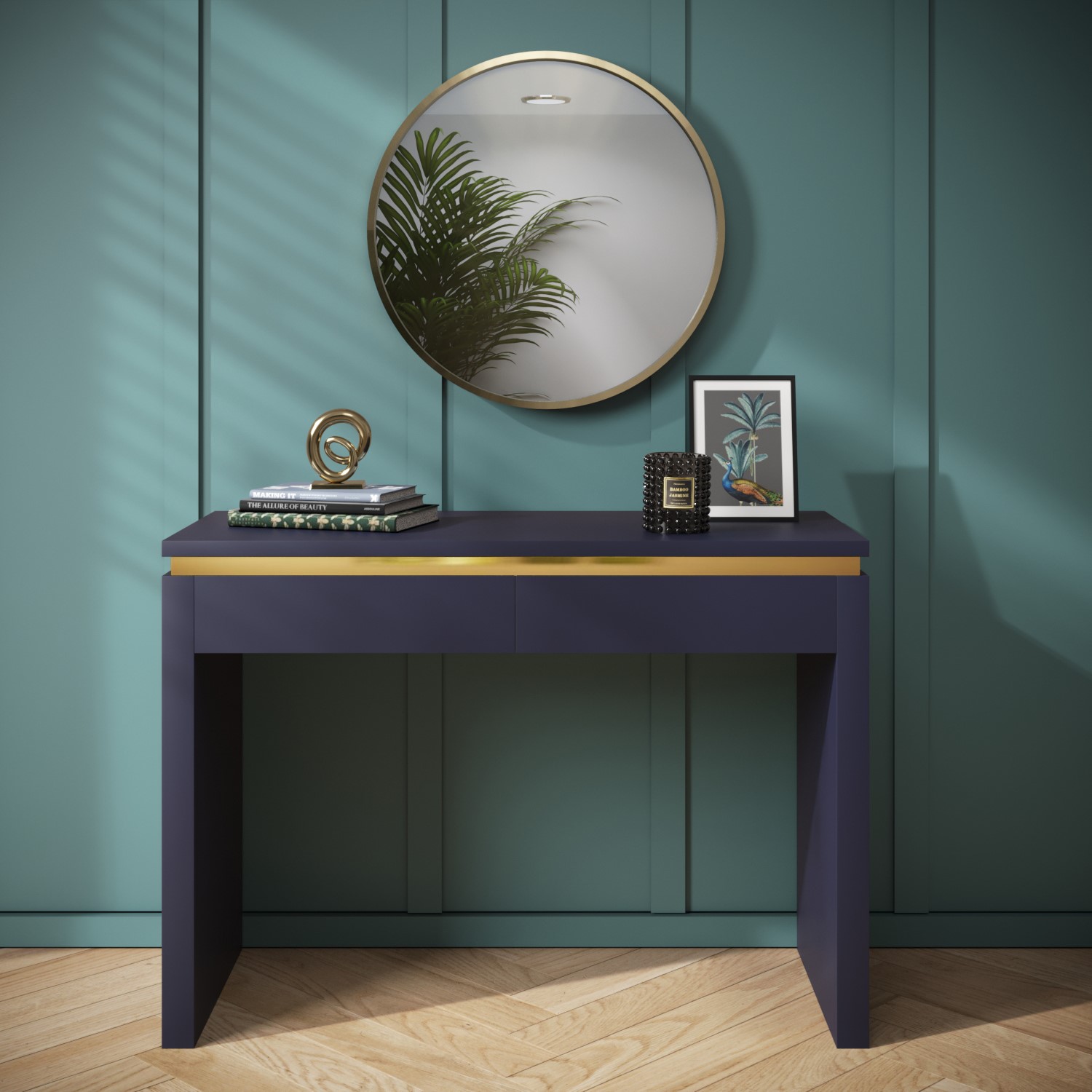 Navy Blue Dressing Table with 2 Drawers and Metallic Trim - Isabella - Furniture123 Navy Blue Dressing Table with 2 Drawers and Metallic Trim - Isabella - Furniture123