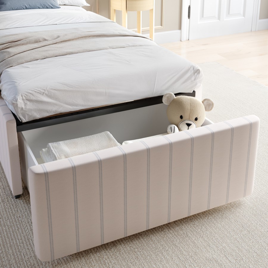 Cream With Blue Striped Upholstered Single Bed Frame with Storage Drawer - Isabelle