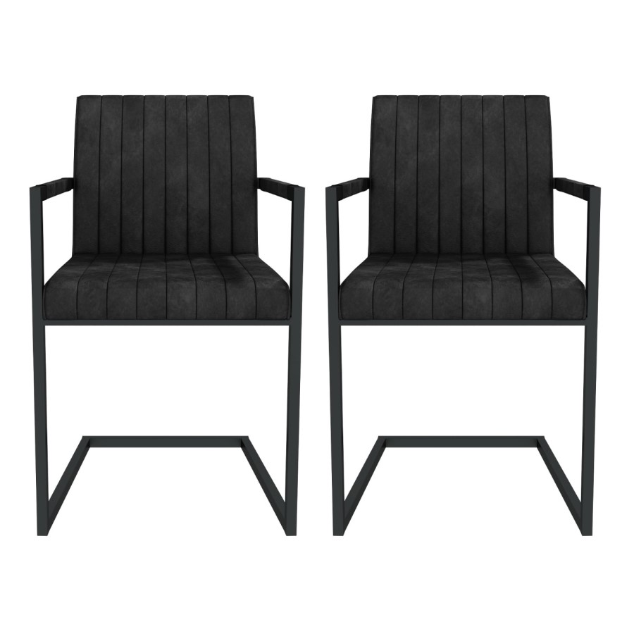 Issac Pair of Industrial Dining Chairs with Arms- Vintage Grey Faux Leather