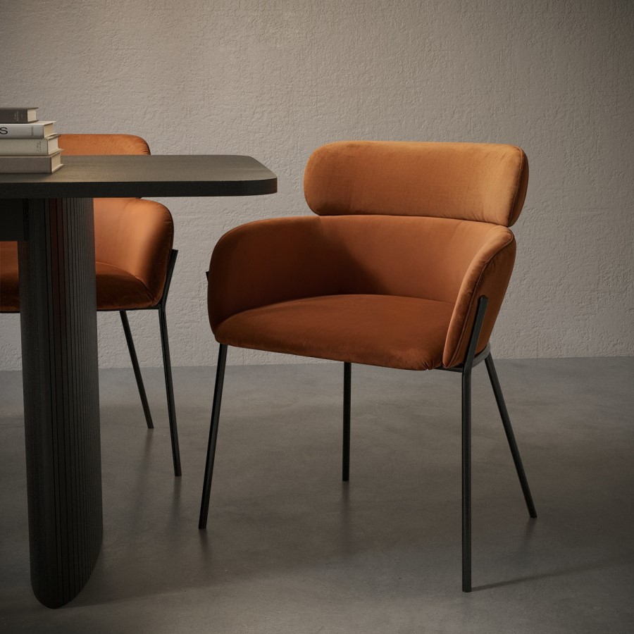 ALMOST PERFECT - Set of 2 Burnt Orange Velvet Curved Dining Chairs - Isla