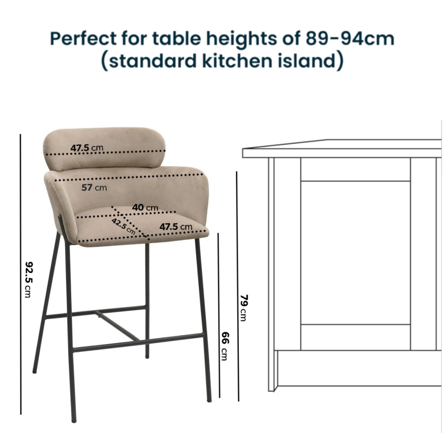 Beige Velvet Curved Kitchen Stool with Back - Isla