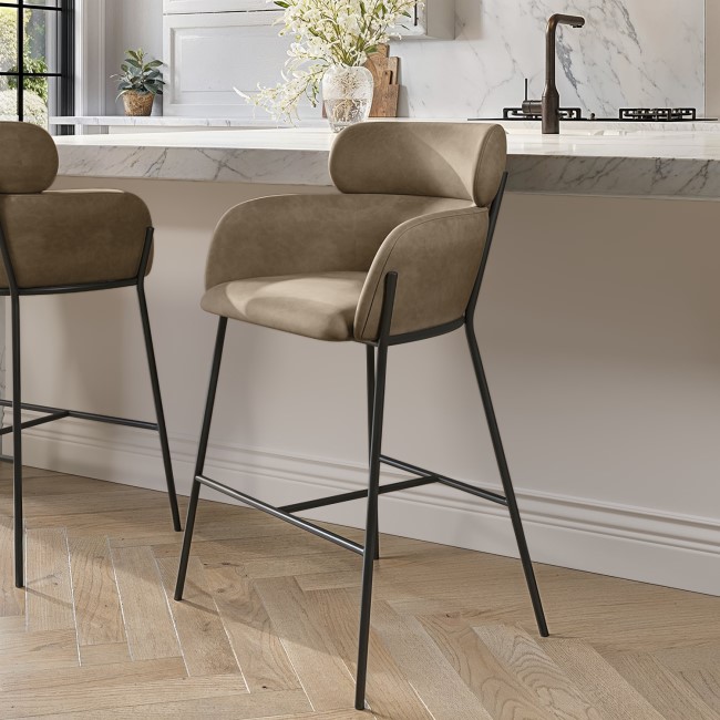 Beige Faux Leather Curved Kitchen Stool with Back - Isla