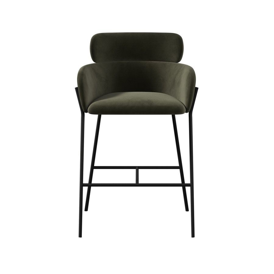 Green Velvet Curved Kitchen Stool with Back - Isla