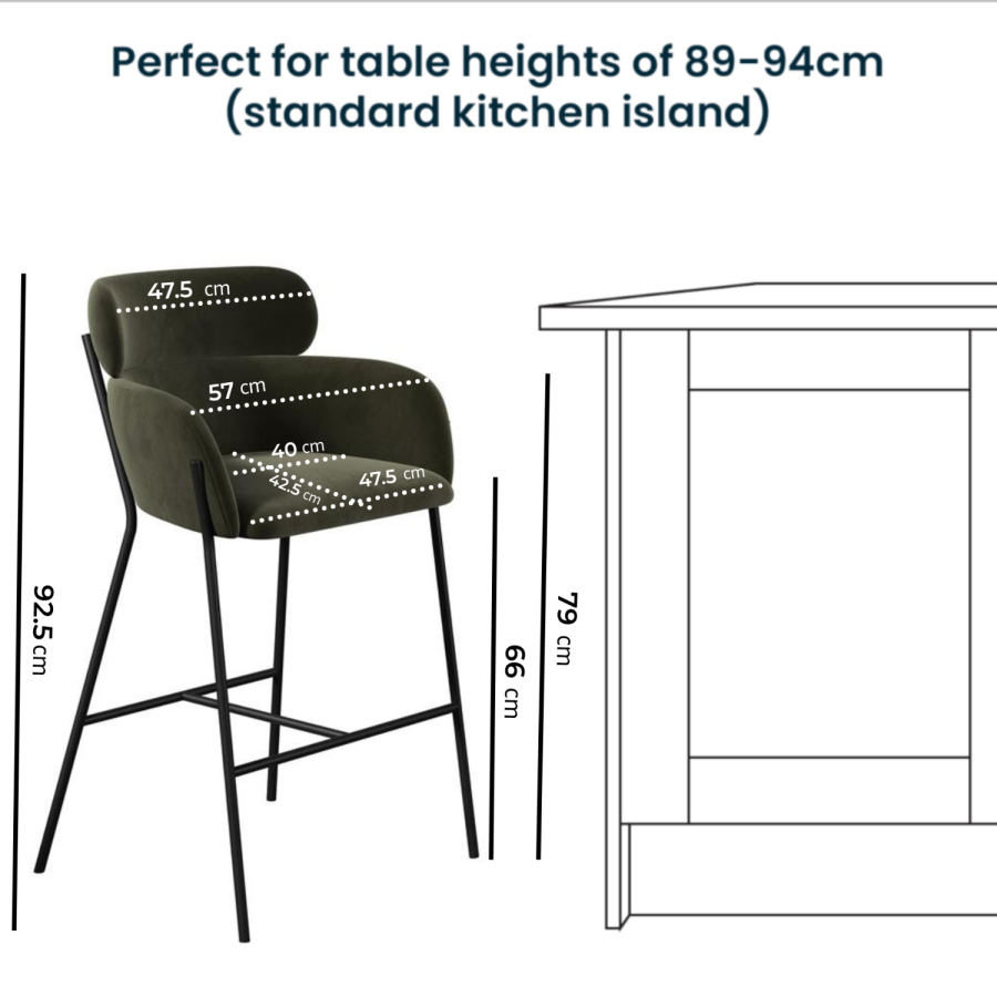 Green Velvet Curved Kitchen Stool with Back - Isla