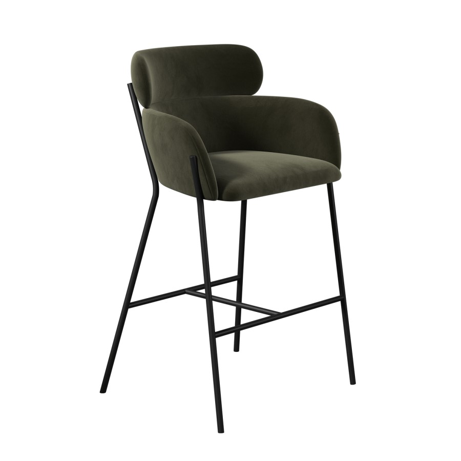 Green Velvet Curved Kitchen Stool with Back - Isla