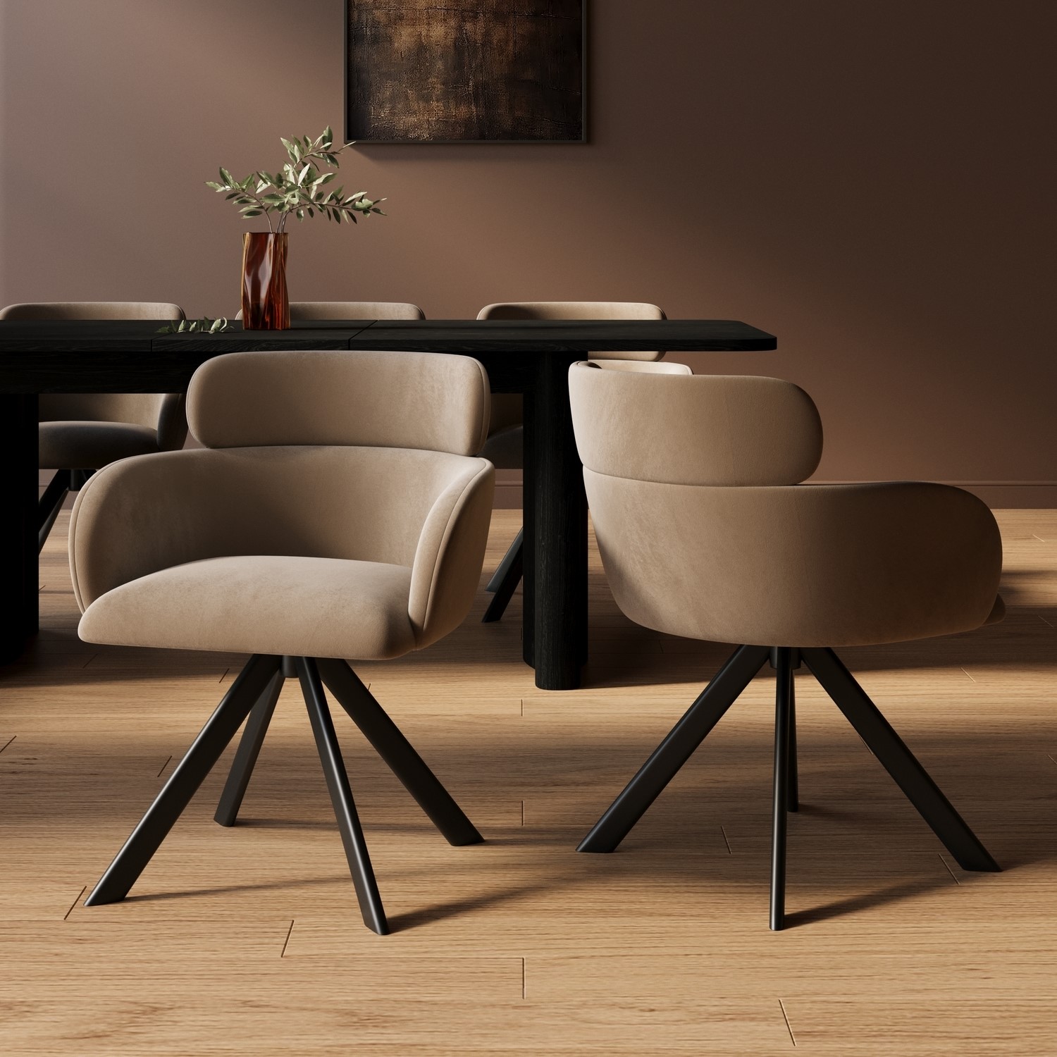 Isla Beige Set Of 2 Velvet Curved Swivel Dining Chairs