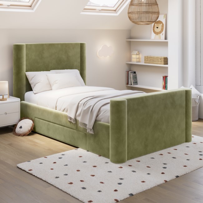 Kids Green Velvet Single Bed Frame with Storage Drawer - Isadora