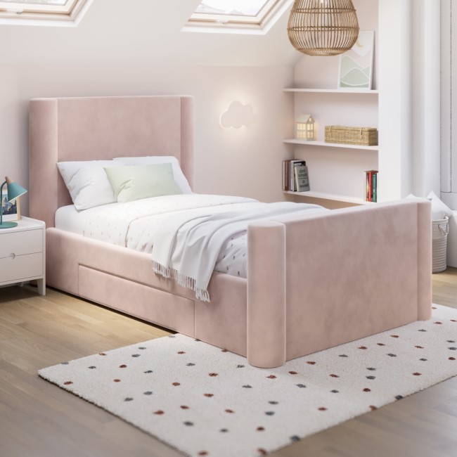 Kids Pink Velvet Single Bed Frame with Storage Drawer Isadora