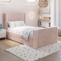 Kids Pink Velvet Single Bed Frame with Storage Drawer - Isadora