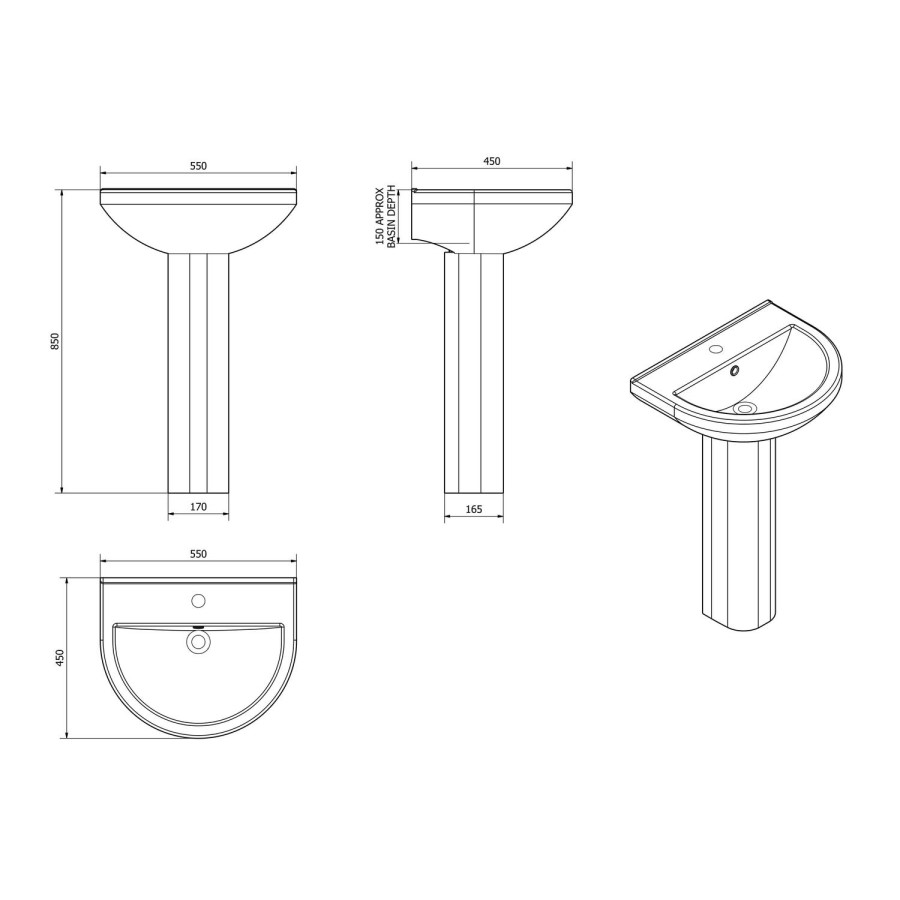 Full Pedestal Basin - 1 Tap Hole - Rounded - Davana