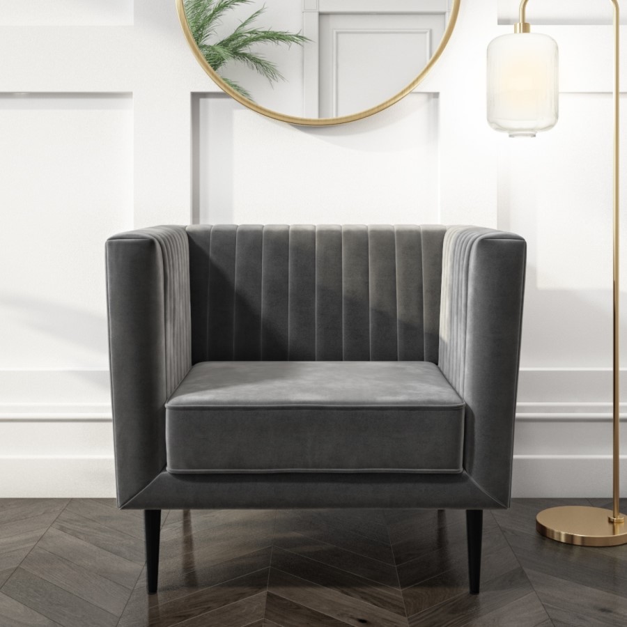 GRADE A2 - Grey Velvet Armchair with Black Legs - Ivy