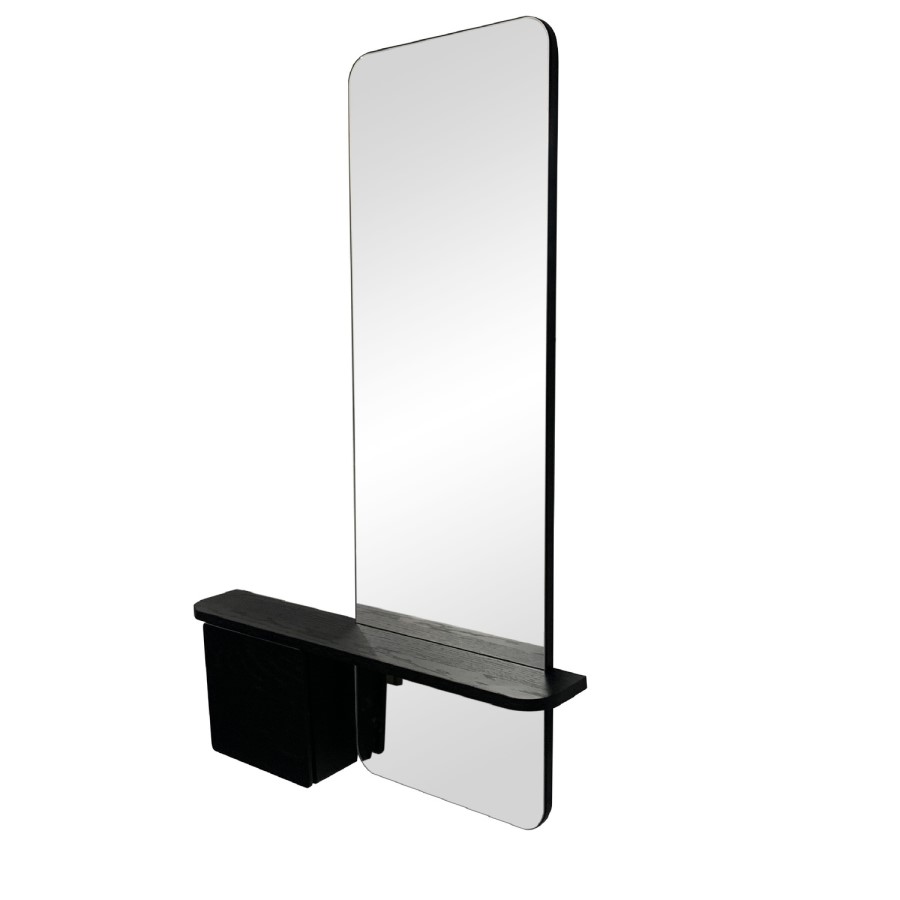 Slim & Narrow Black Oak Floating Console Table with Mirror & Storage - Izzi