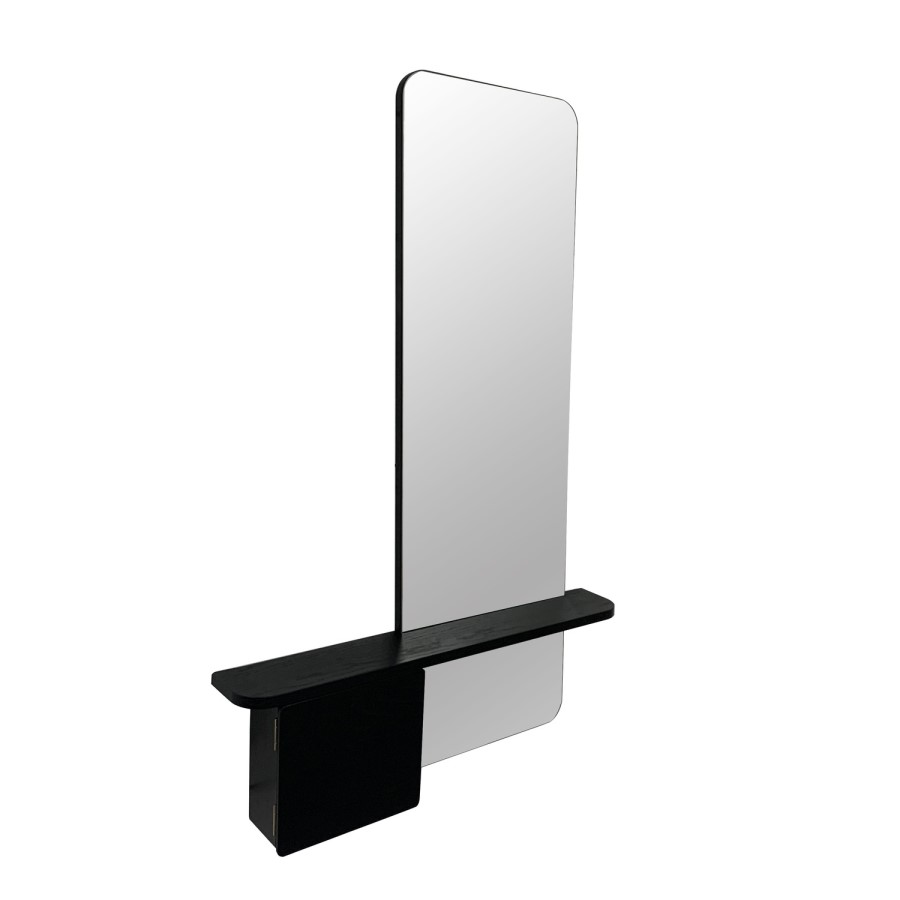 Slim & Narrow Black Oak Floating Console Table with Mirror & Storage - Izzi