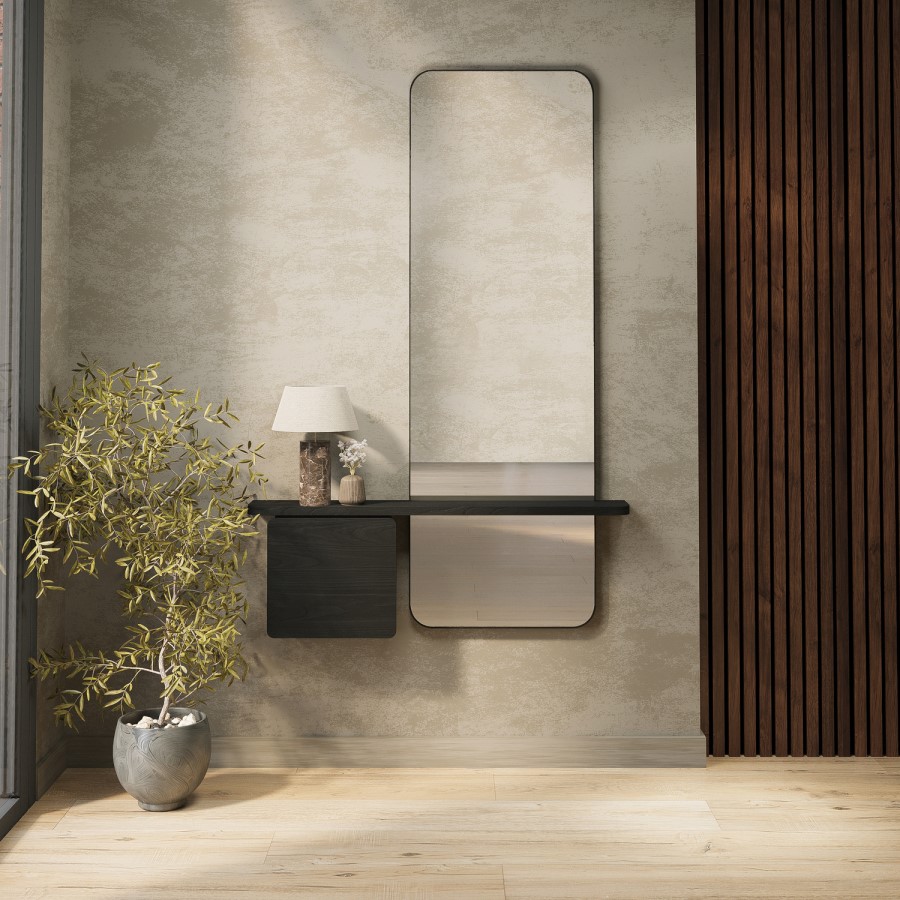 Slim & Narrow Black Oak Floating Console Table with Mirror & Storage - Izzi