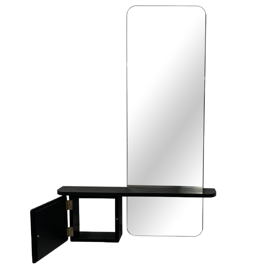 Slim & Narrow Black Oak Floating Console Table with Mirror & Storage - Izzi