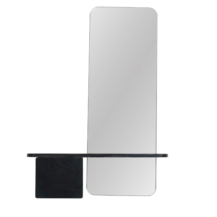 Slim & Narrow Black Oak Floating Console Table with Mirror & Storage - Izzi