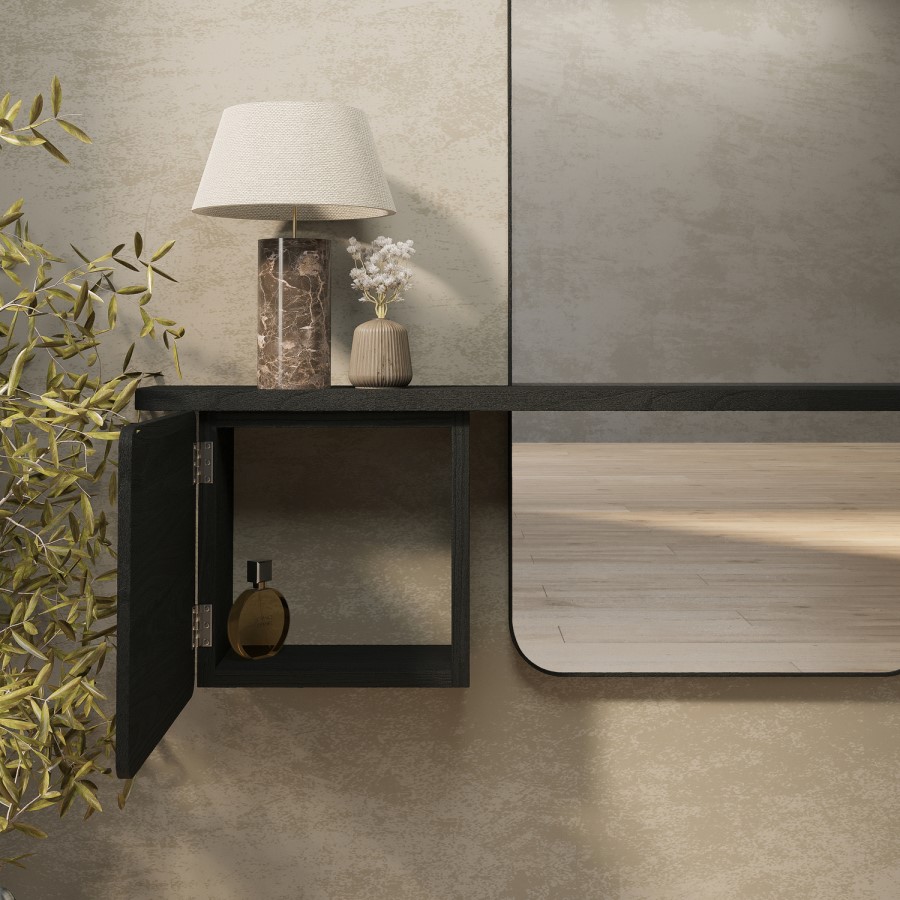 Slim & Narrow Black Oak Floating Console Table with Mirror & Storage - Izzi