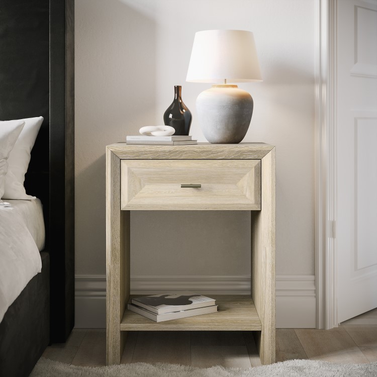 ONLY OPENED - Modern Wide Tall White Wash Oak Bedside Table with Drawer - Jax