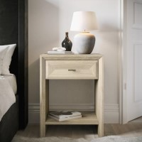 Modern Wide Tall White Wash Oak Bedside Table with Drawer - Jax