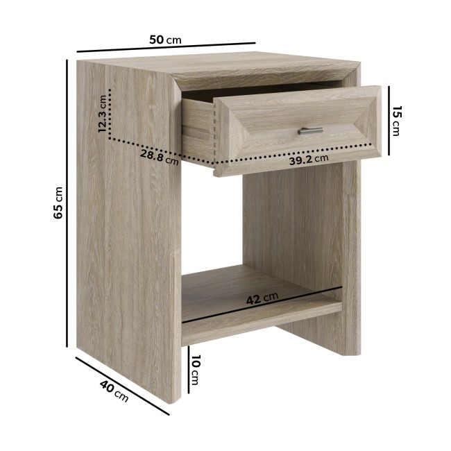 ONLY OPENED - Modern Wide Tall White Wash Oak Bedside Table with Drawer - Jax