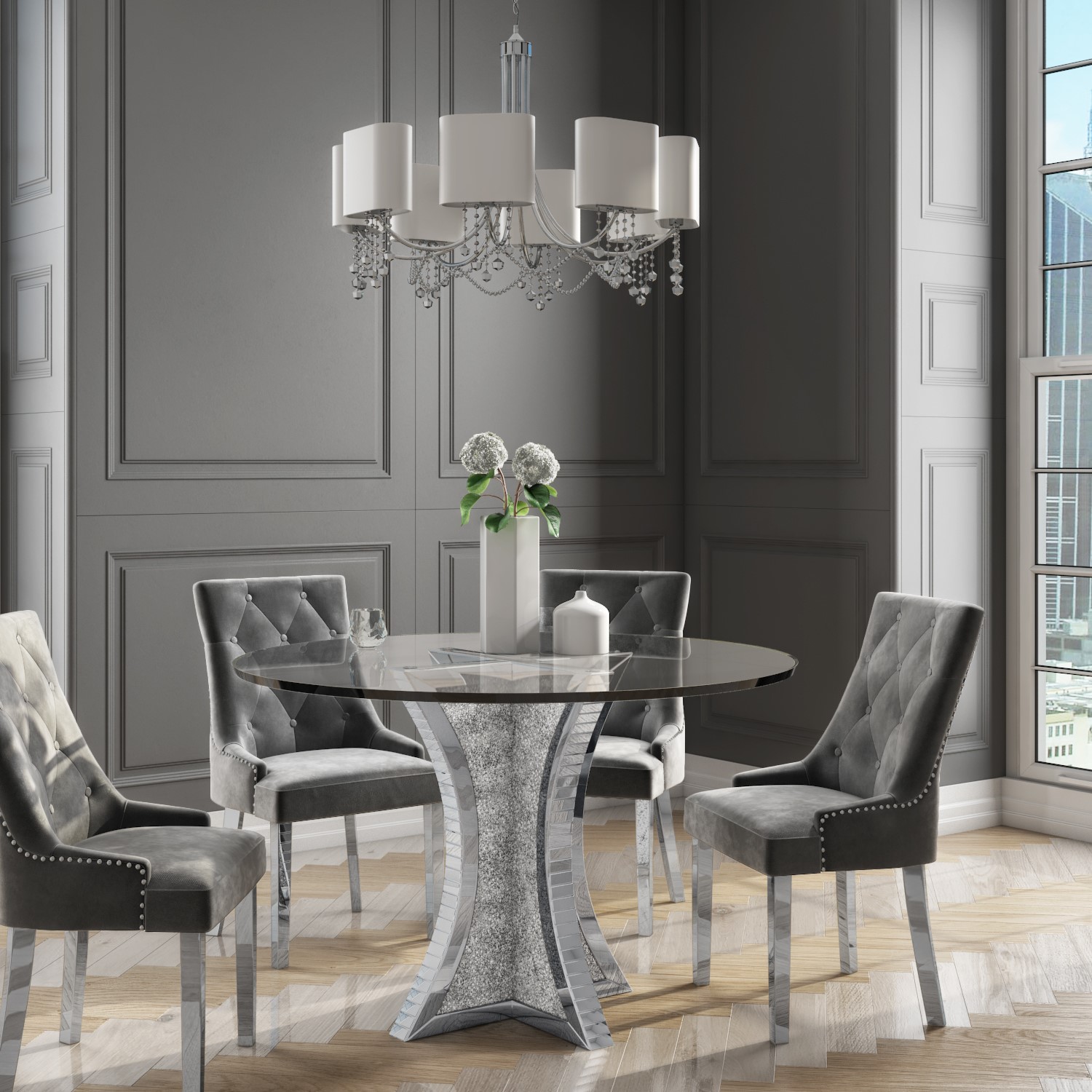 Round Mirrored Dining Table With Glass Top Crushed Diamond Effect Seats 4 Jade Boutique Furniture123