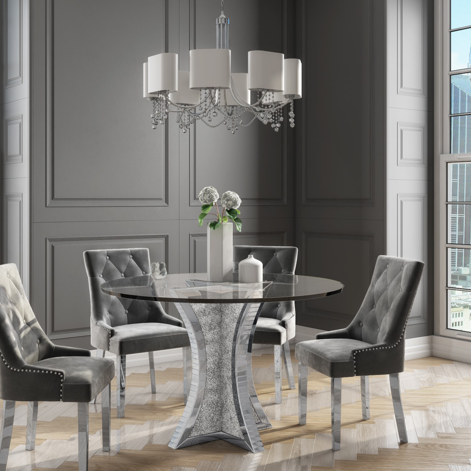 Round Mirrored Dining Table With Glass Top Crushed Diamond Effect Seats 4 Jade Boutique Furniture123 Round Mirrored Dining Table With Glass Top Crushed Diamond Effect Seats 4 Jade Boutique Furniture123