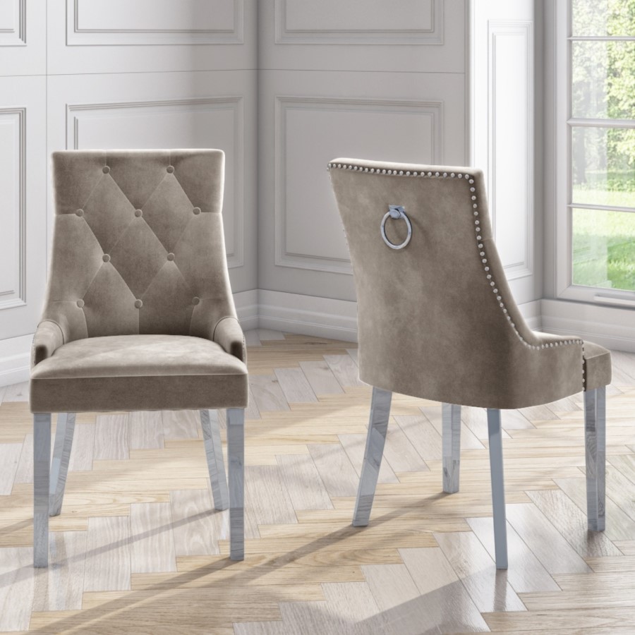 GRADE A1 - Pair of Mink Knocker Chairs in Velvet with Chrome Legs & Studs - Jade Boutique