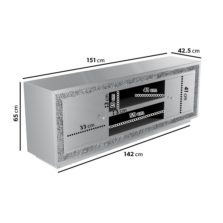 GRADE A2 - Mirrored Crushed Diamond TV Unit - TV's up to 65" - Jade Boutique