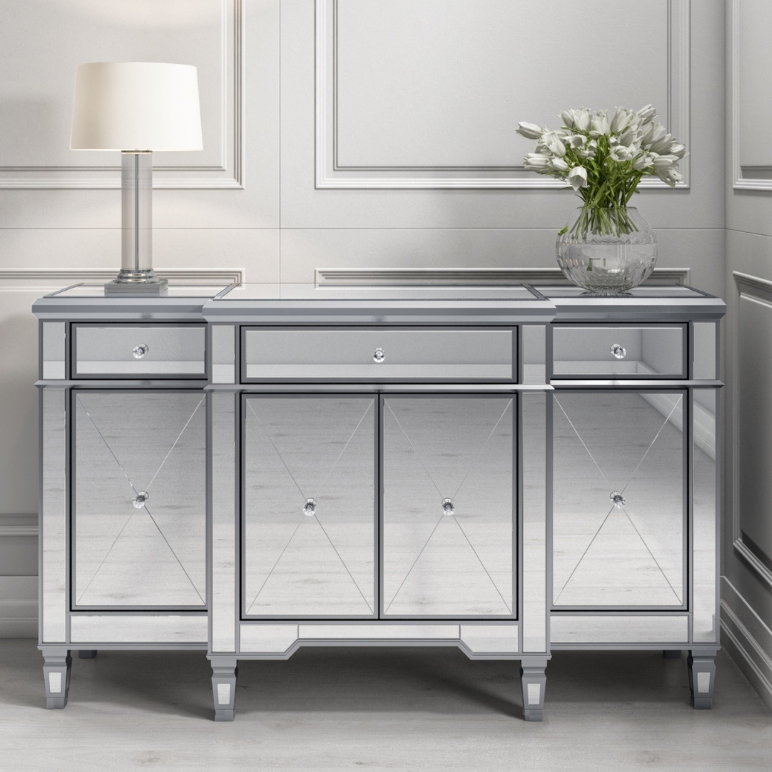 Large Mirrored Sideboard with Crystal Handles - Jade Boutique