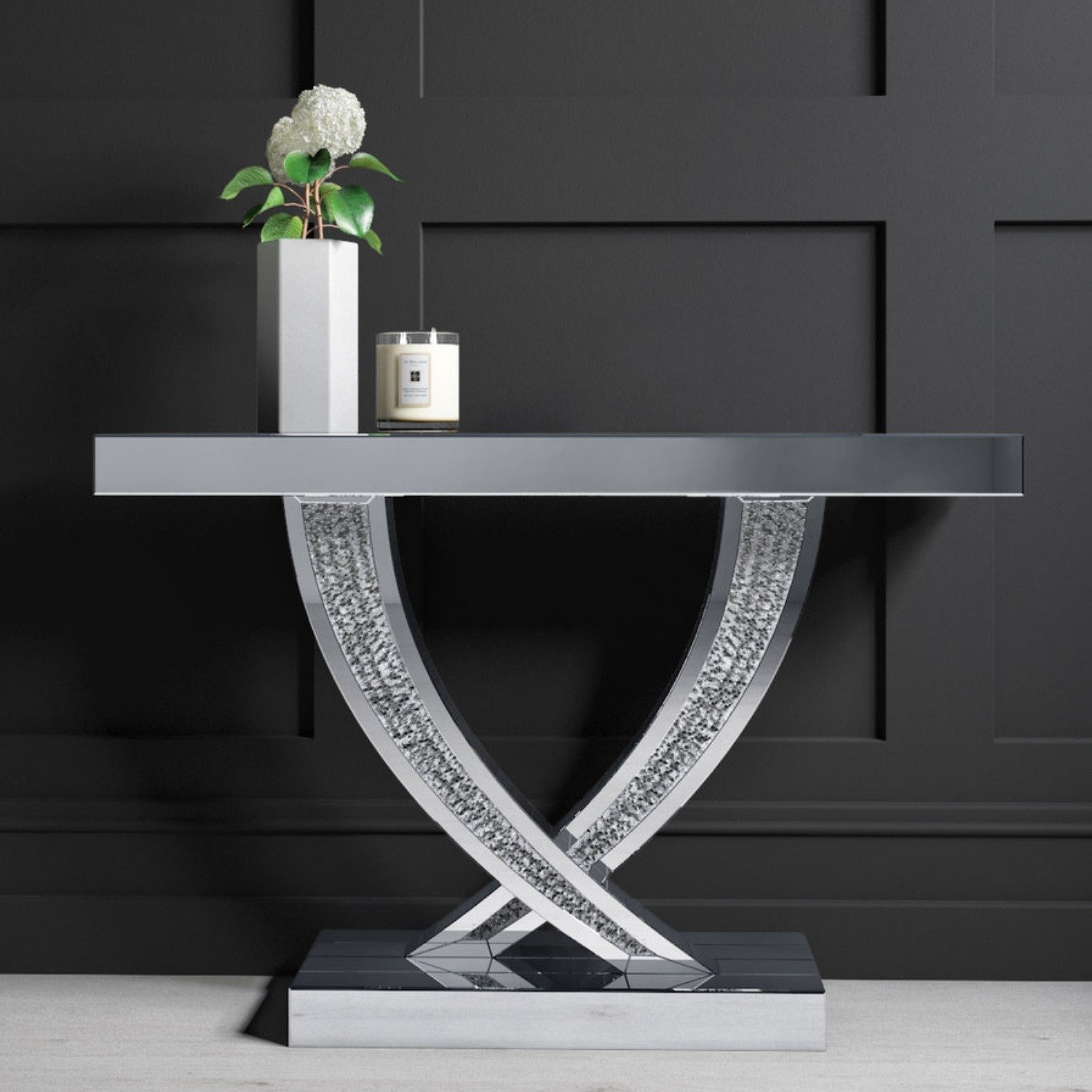 Narrow Mirrored Console Table With Crushed Crystal Finish Jade Boutique Furniture123
