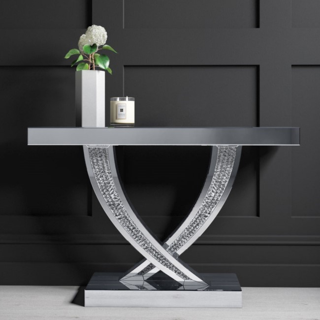 GRADE A1 - Narrow Mirrored Hall Console Table with Crushed Crystal Finish - Jade Boutique