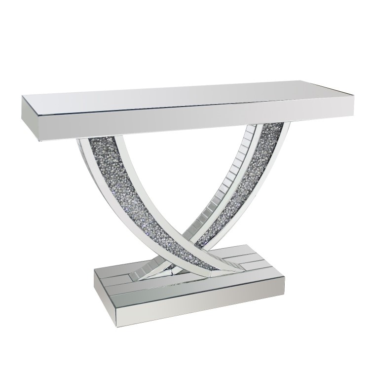 Narrow Mirrored Console Table with Crushed Crystal Detailing - Jade Boutique