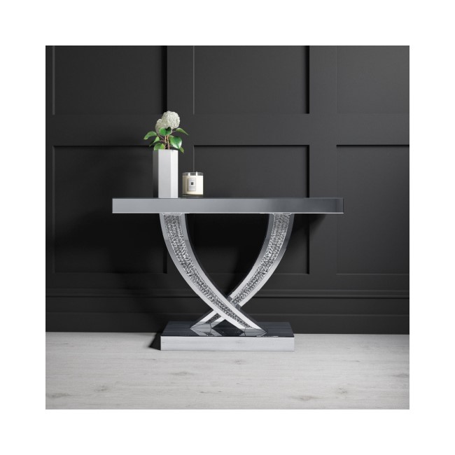 Narrow Mirrored Console Table with Crushed Crystal Detailing - Jade Boutique