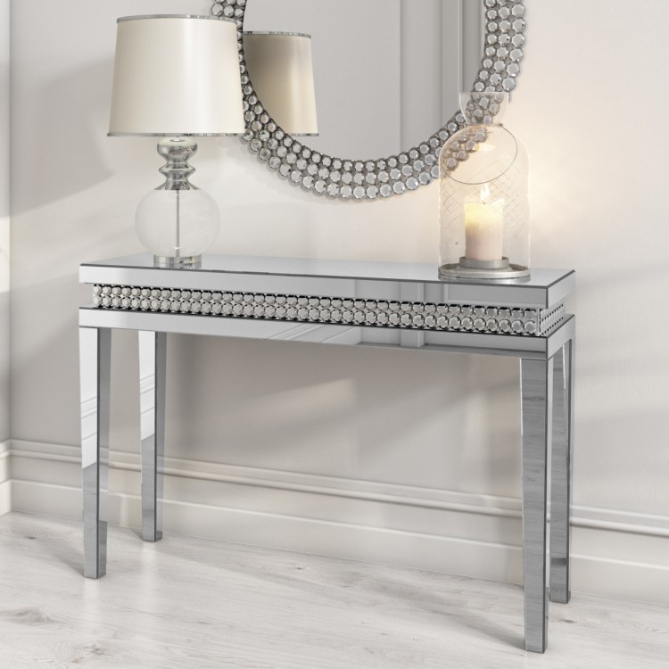 Narrow Mirrored Hall Console Table with Diamond Gems - Jade Boutique